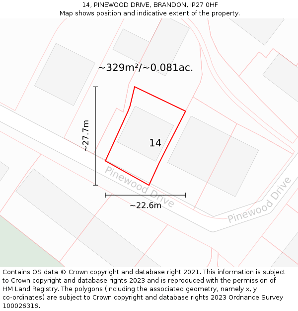 14, PINEWOOD DRIVE, BRANDON, IP27 0HF: Plot and title map