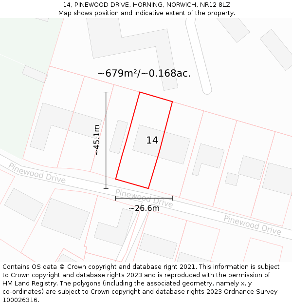 14, PINEWOOD DRIVE, HORNING, NORWICH, NR12 8LZ: Plot and title map