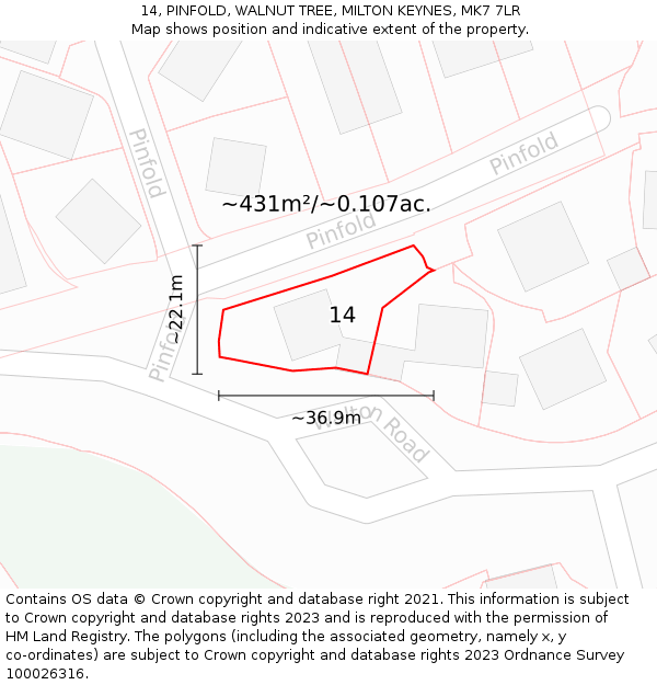 14, PINFOLD, WALNUT TREE, MILTON KEYNES, MK7 7LR: Plot and title map