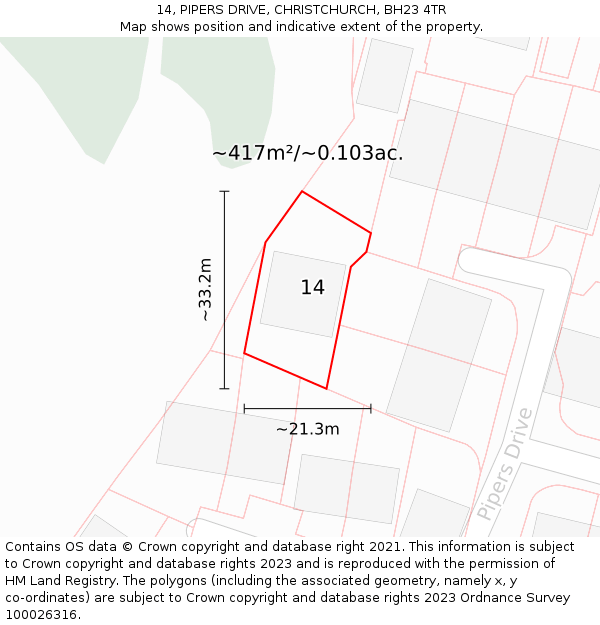 14, PIPERS DRIVE, CHRISTCHURCH, BH23 4TR: Plot and title map