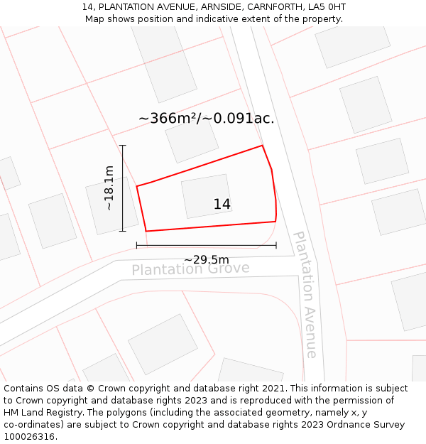 14, PLANTATION AVENUE, ARNSIDE, CARNFORTH, LA5 0HT: Plot and title map