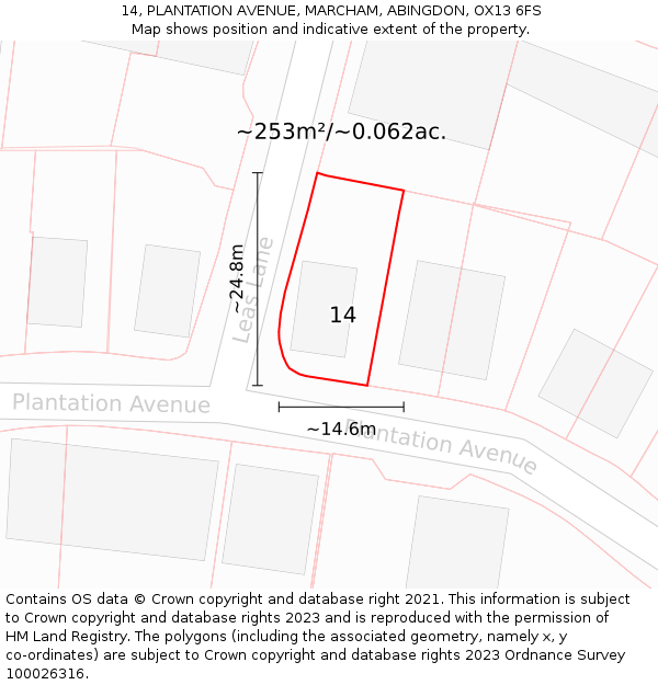 14, PLANTATION AVENUE, MARCHAM, ABINGDON, OX13 6FS: Plot and title map