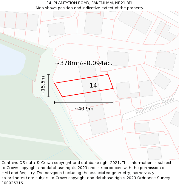 14, PLANTATION ROAD, FAKENHAM, NR21 8PL: Plot and title map