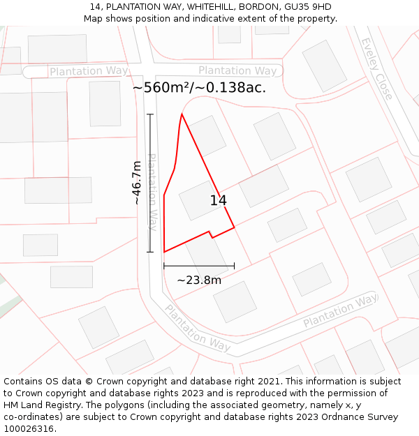 14, PLANTATION WAY, WHITEHILL, BORDON, GU35 9HD: Plot and title map