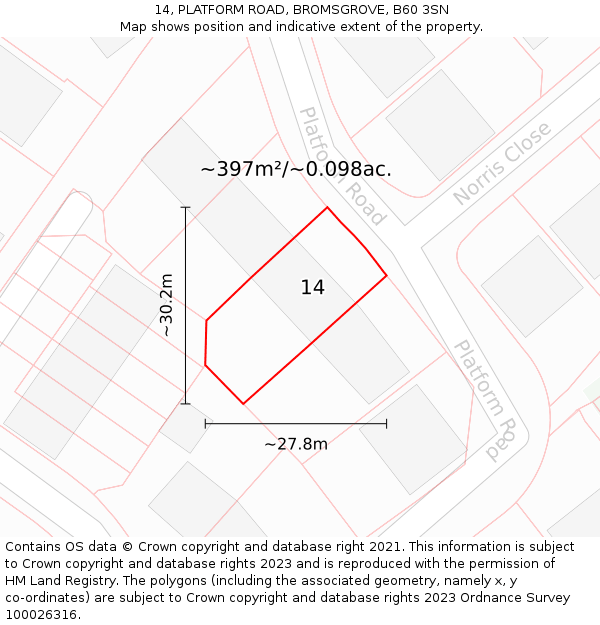 14, PLATFORM ROAD, BROMSGROVE, B60 3SN: Plot and title map