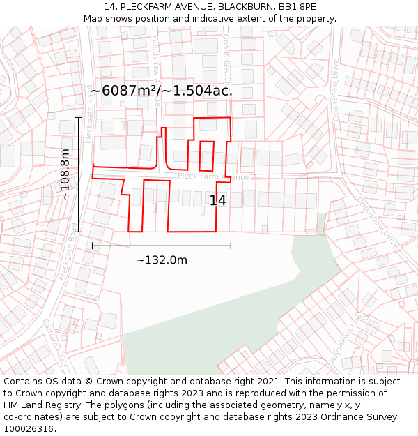 14, PLECKFARM AVENUE, BLACKBURN, BB1 8PE: Plot and title map