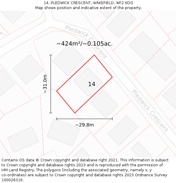 14, PLEDWICK CRESCENT, WAKEFIELD, WF2 6DG: Plot and title map
