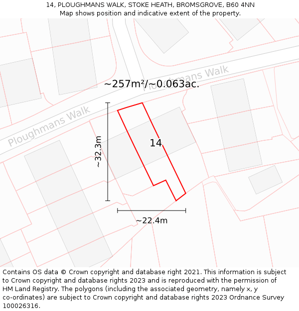 14, PLOUGHMANS WALK, STOKE HEATH, BROMSGROVE, B60 4NN: Plot and title map