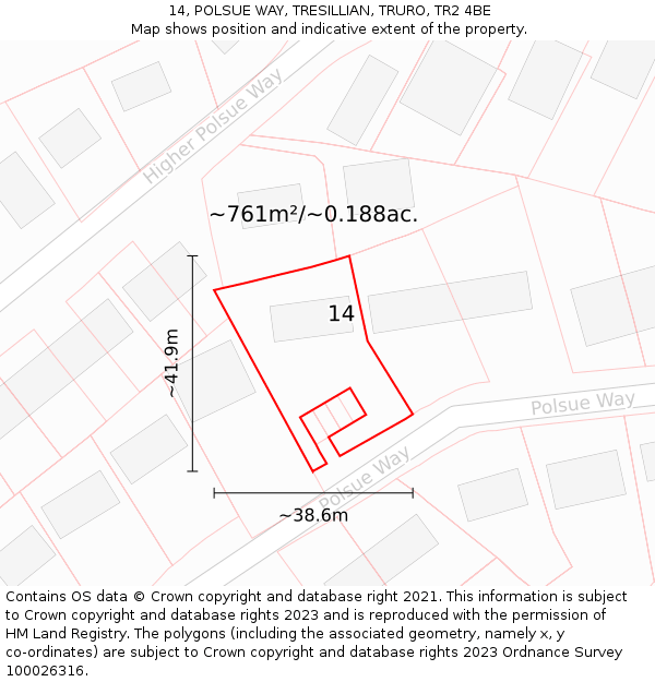 14, POLSUE WAY, TRESILLIAN, TRURO, TR2 4BE: Plot and title map