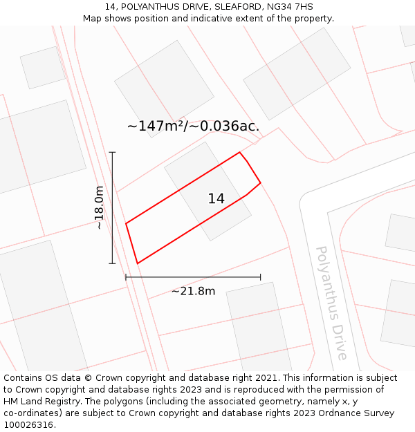 14, POLYANTHUS DRIVE, SLEAFORD, NG34 7HS: Plot and title map