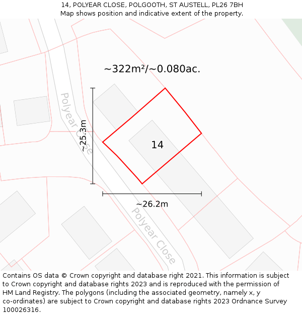14, POLYEAR CLOSE, POLGOOTH, ST AUSTELL, PL26 7BH: Plot and title map