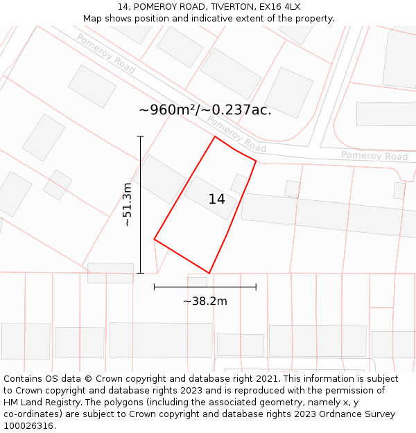 14, POMEROY ROAD, TIVERTON, EX16 4LX: Plot and title map