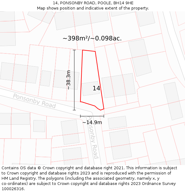14, PONSONBY ROAD, POOLE, BH14 9HE: Plot and title map