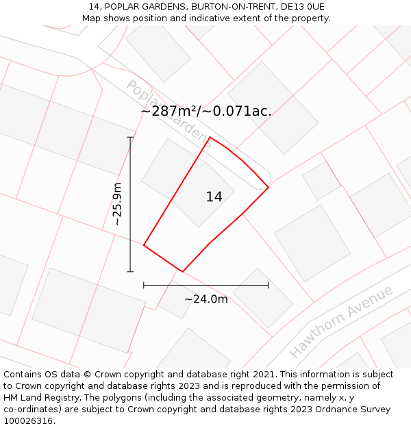 14, POPLAR GARDENS, BURTON-ON-TRENT, DE13 0UE: Plot and title map