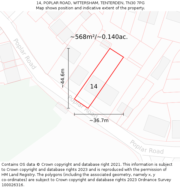 14, POPLAR ROAD, WITTERSHAM, TENTERDEN, TN30 7PG: Plot and title map