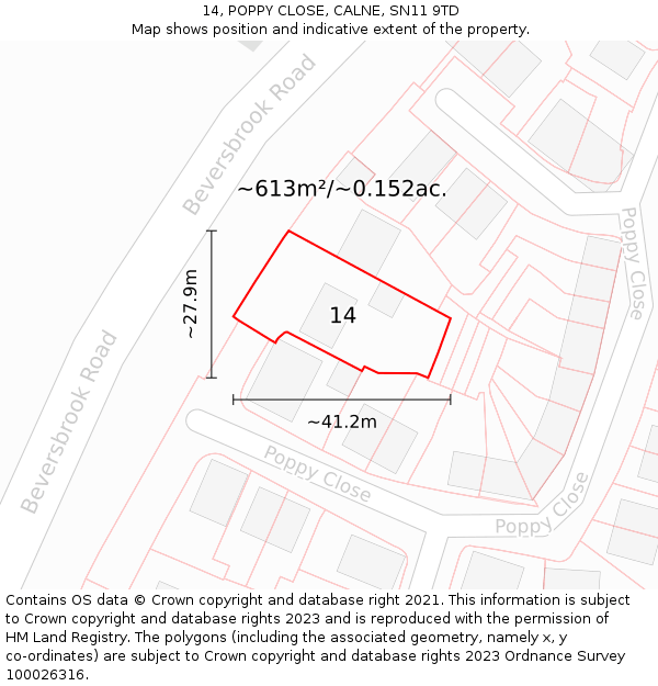 14, POPPY CLOSE, CALNE, SN11 9TD: Plot and title map