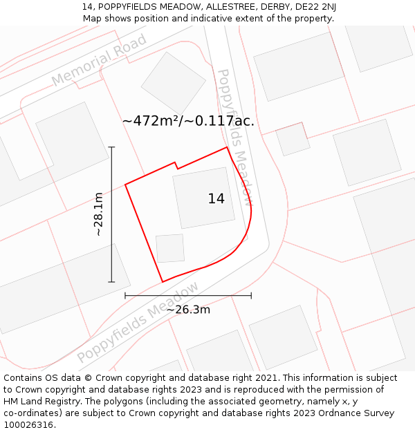 14, POPPYFIELDS MEADOW, ALLESTREE, DERBY, DE22 2NJ: Plot and title map