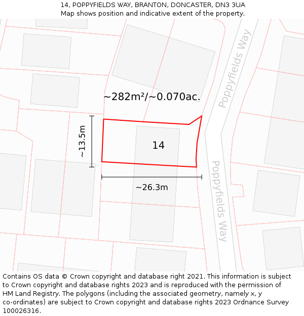 14, POPPYFIELDS WAY, BRANTON, DONCASTER, DN3 3UA: Plot and title map