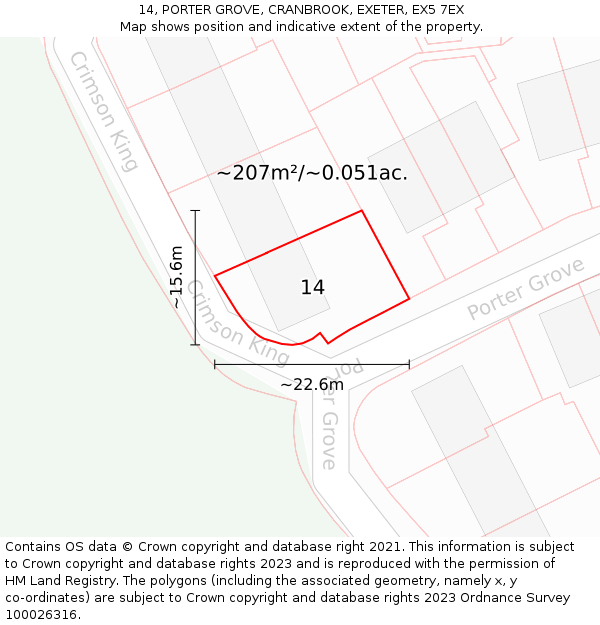 14, PORTER GROVE, CRANBROOK, EXETER, EX5 7EX: Plot and title map