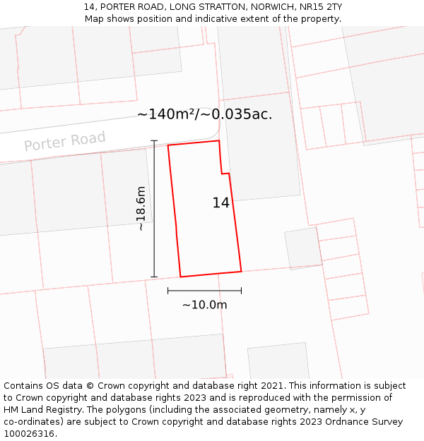 14, PORTER ROAD, LONG STRATTON, NORWICH, NR15 2TY: Plot and title map
