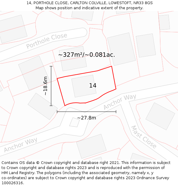 14, PORTHOLE CLOSE, CARLTON COLVILLE, LOWESTOFT, NR33 8GS: Plot and title map