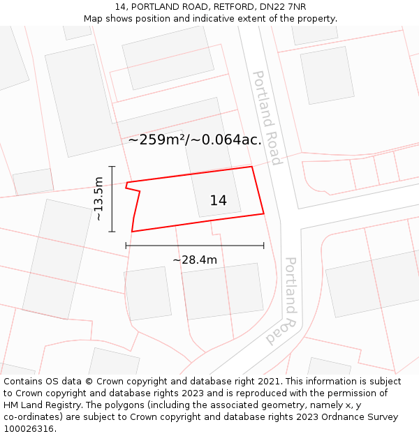 14, PORTLAND ROAD, RETFORD, DN22 7NR: Plot and title map