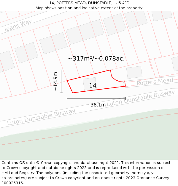 14, POTTERS MEAD, DUNSTABLE, LU5 4FD: Plot and title map
