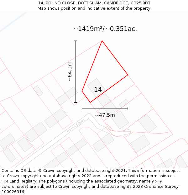 14, POUND CLOSE, BOTTISHAM, CAMBRIDGE, CB25 9DT: Plot and title map