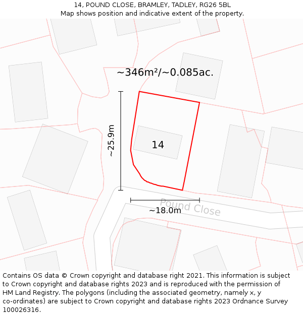 14, POUND CLOSE, BRAMLEY, TADLEY, RG26 5BL: Plot and title map