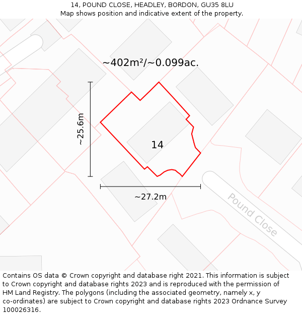 14, POUND CLOSE, HEADLEY, BORDON, GU35 8LU: Plot and title map