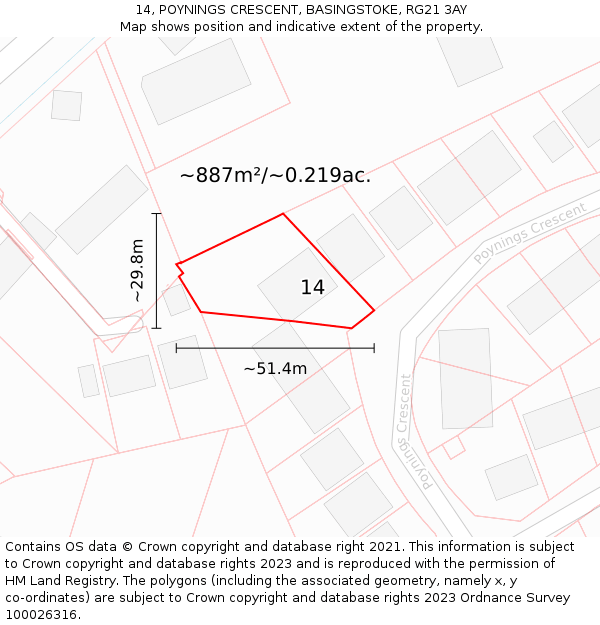 14, POYNINGS CRESCENT, BASINGSTOKE, RG21 3AY: Plot and title map