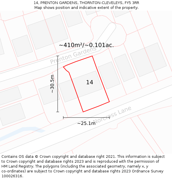 14, PRENTON GARDENS, THORNTON-CLEVELEYS, FY5 3RR: Plot and title map