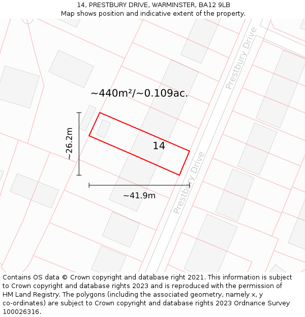 14, PRESTBURY DRIVE, WARMINSTER, BA12 9LB: Plot and title map