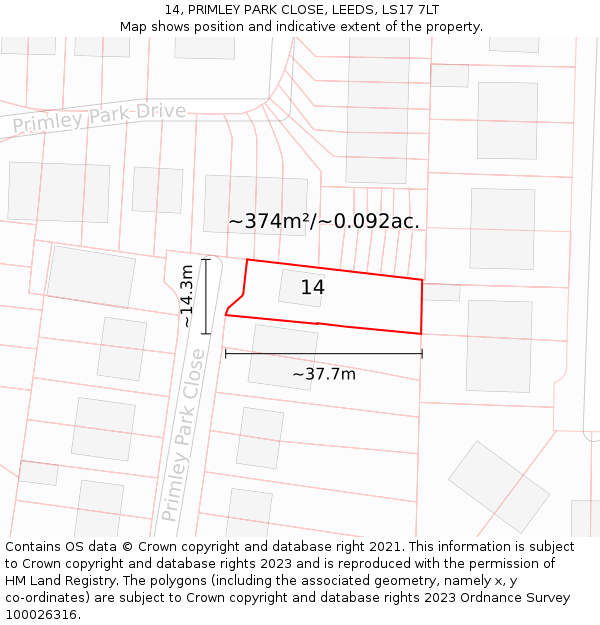 14, PRIMLEY PARK CLOSE, LEEDS, LS17 7LT: Plot and title map