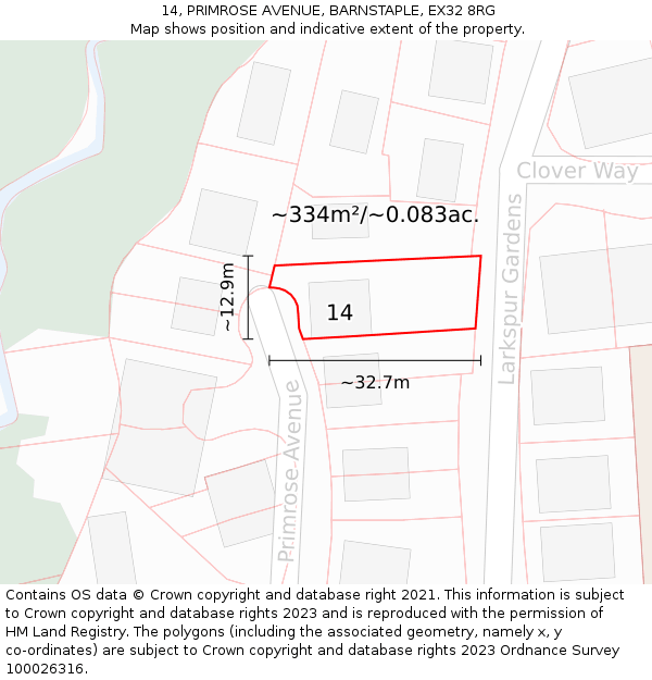 14, PRIMROSE AVENUE, BARNSTAPLE, EX32 8RG: Plot and title map