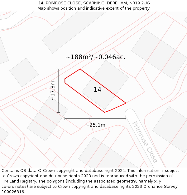 14, PRIMROSE CLOSE, SCARNING, DEREHAM, NR19 2UG: Plot and title map