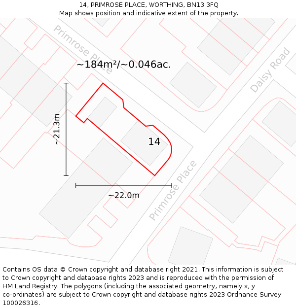 14, PRIMROSE PLACE, WORTHING, BN13 3FQ: Plot and title map