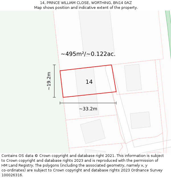14, PRINCE WILLIAM CLOSE, WORTHING, BN14 0AZ: Plot and title map