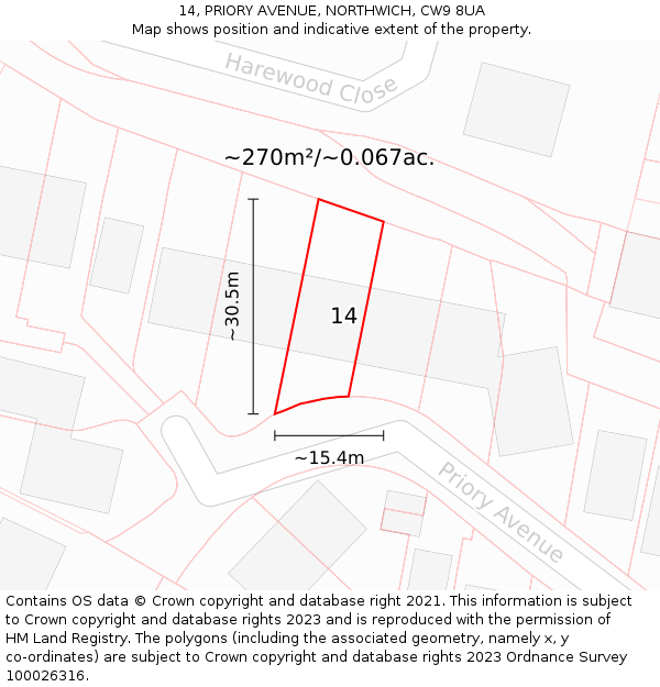 14, PRIORY AVENUE, NORTHWICH, CW9 8UA: Plot and title map