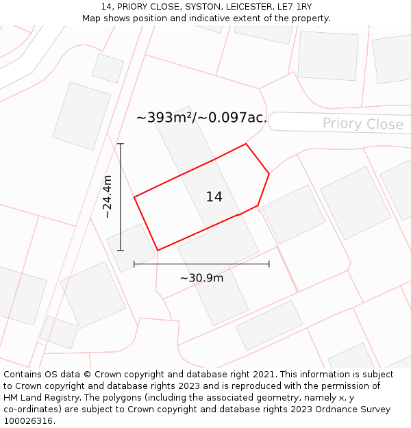 14, PRIORY CLOSE, SYSTON, LEICESTER, LE7 1RY: Plot and title map