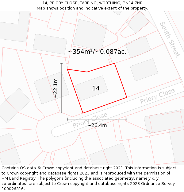 14, PRIORY CLOSE, TARRING, WORTHING, BN14 7NP: Plot and title map