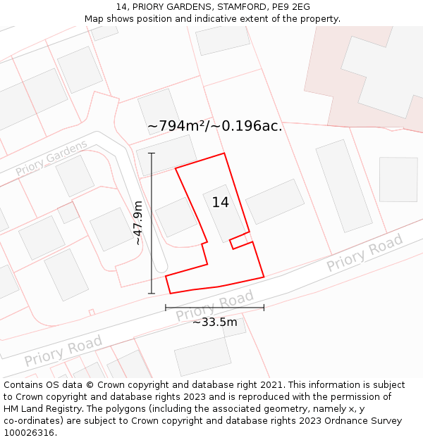 14, PRIORY GARDENS, STAMFORD, PE9 2EG: Plot and title map