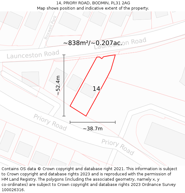 14, PRIORY ROAD, BODMIN, PL31 2AG: Plot and title map