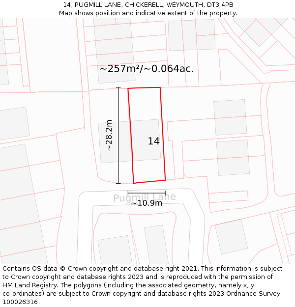 14, PUGMILL LANE, CHICKERELL, WEYMOUTH, DT3 4PB: Plot and title map