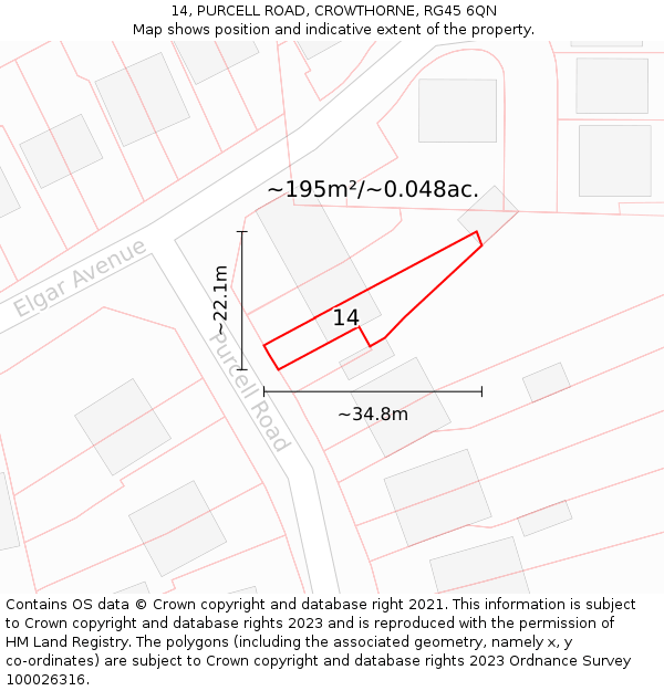 14, PURCELL ROAD, CROWTHORNE, RG45 6QN: Plot and title map