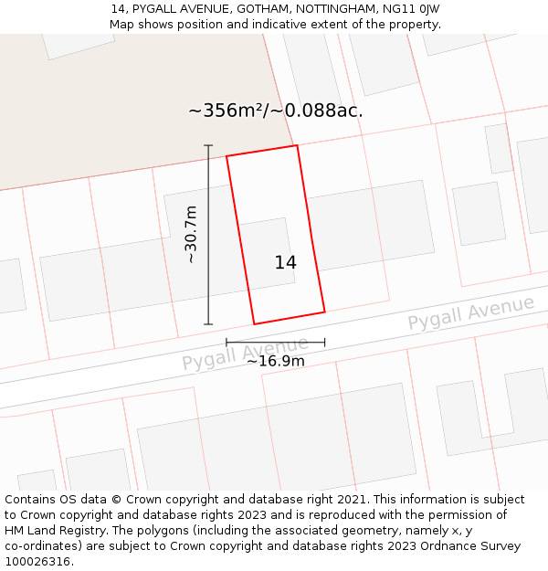 14, PYGALL AVENUE, GOTHAM, NOTTINGHAM, NG11 0JW: Plot and title map