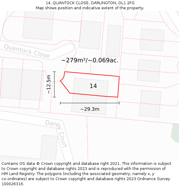 14, QUANTOCK CLOSE, DARLINGTON, DL1 2FG: Plot and title map