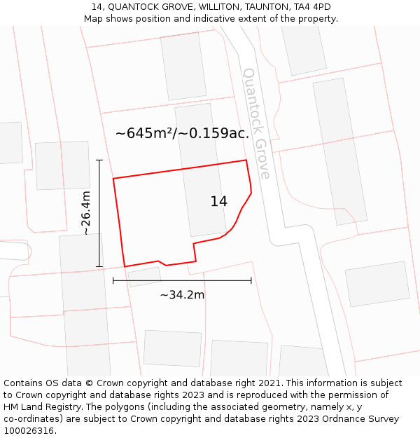 14, QUANTOCK GROVE, WILLITON, TAUNTON, TA4 4PD: Plot and title map