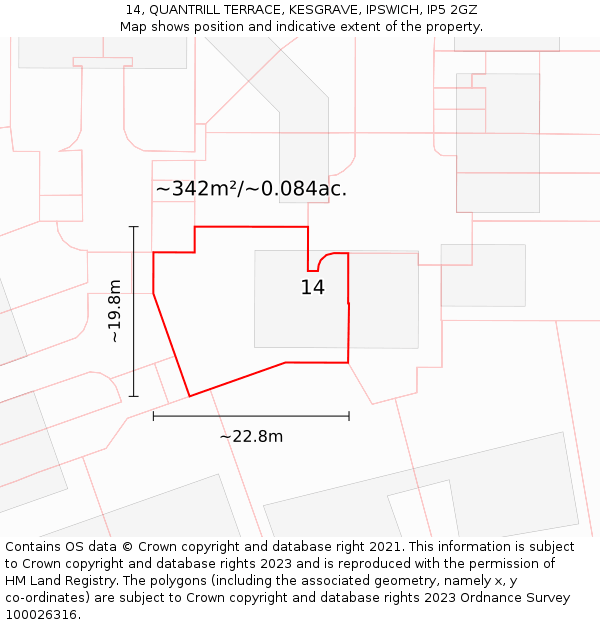 14, QUANTRILL TERRACE, KESGRAVE, IPSWICH, IP5 2GZ: Plot and title map
