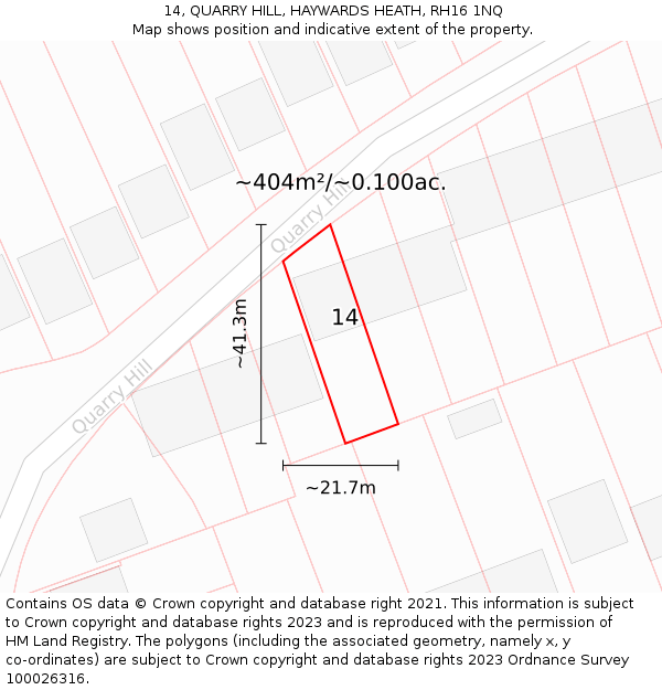 14, QUARRY HILL, HAYWARDS HEATH, RH16 1NQ: Plot and title map